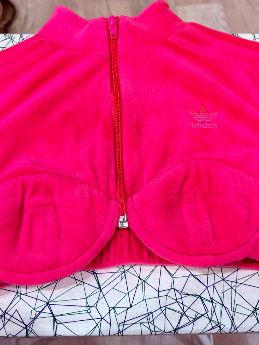 adidas Neon Pink Velour Zip Bralette Top